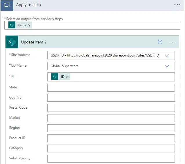 Apply to each loop to update items in SharePoint Online using Power Automate