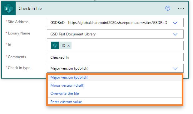 Check in type in Power Automate for SharePoint Online documents