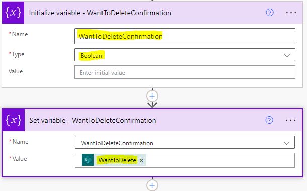 Create a Boolean variable in Power Automate for delete an item