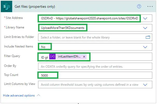 Get files (properties only) configuration in Power Automate