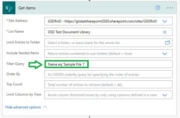 Get files with Odata filter on name in Power Automate Get Items
