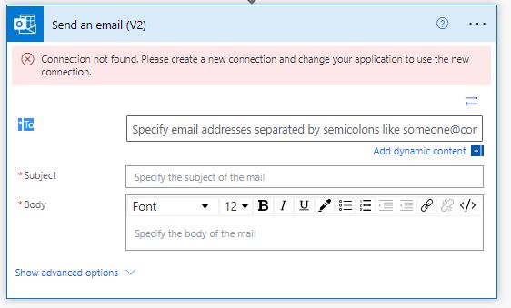 Power Automate Connection not found in Send an email (V2)