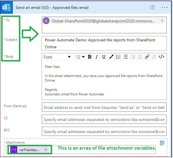 Send an email configuration - Send email attachments with files from SharePoint document library using Power Automate