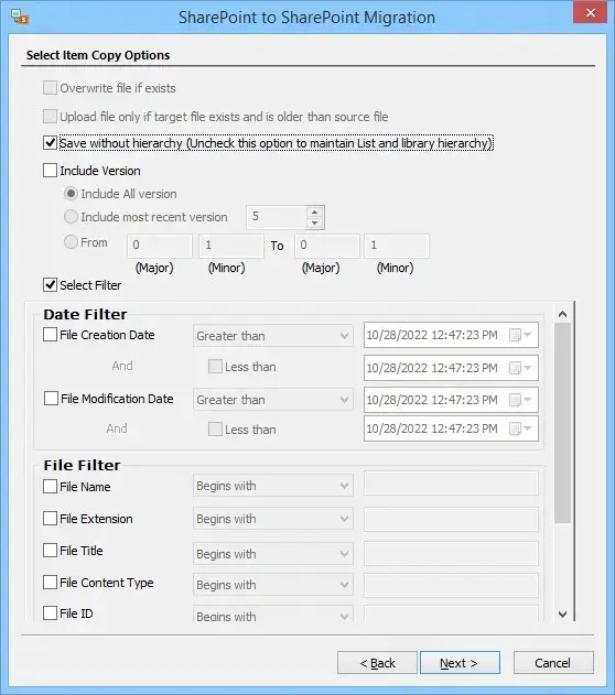 Kernel Migrator for SharePoint item copy option configuration