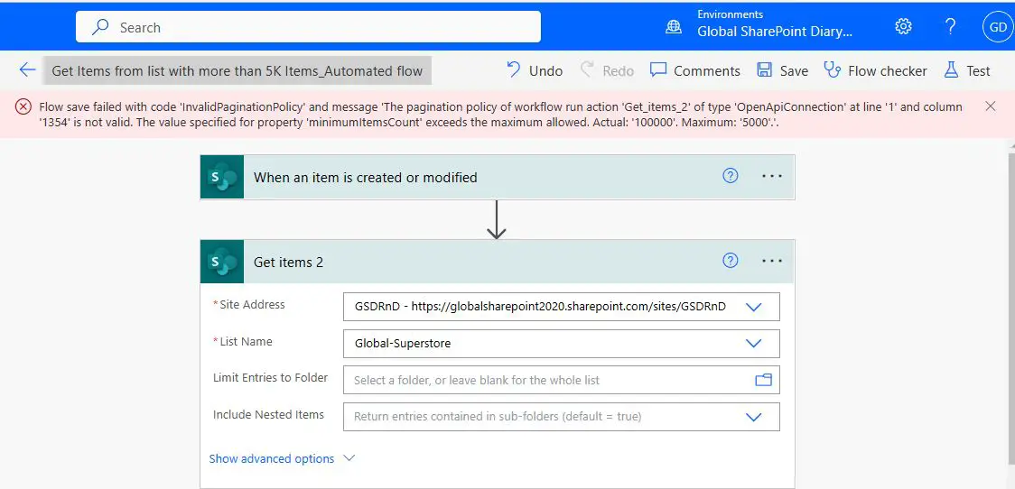 Flow save failed with code 'InvalidPaginationPolicy' and message 'The pagination policy of workflow run action