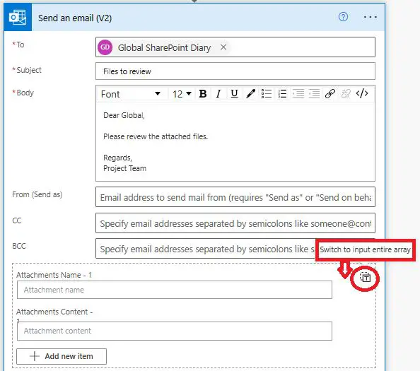 Send email with multiple attachments with Power Automate flow configuration