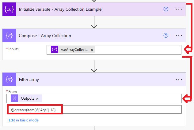 Filter Array example in Power Automate with Greater Than Expression condition