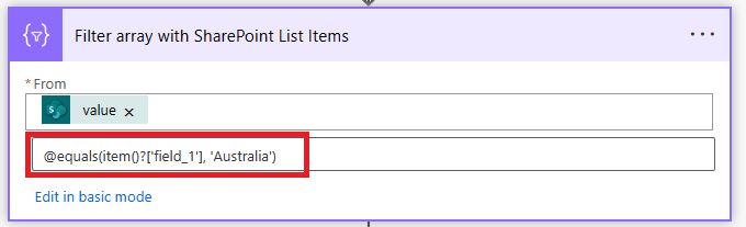 Filter Array with SharePoint list items - filter query edit in advanced mode