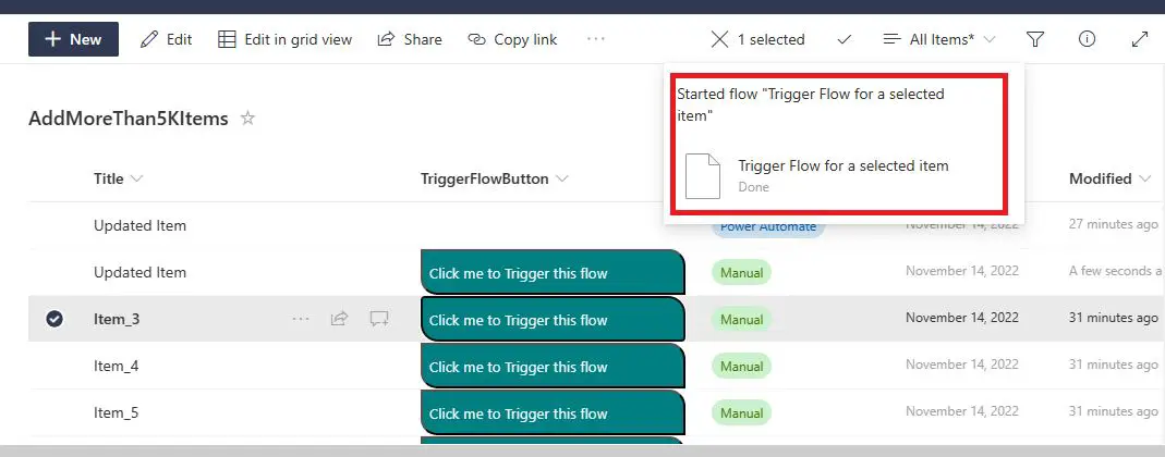 Flow trigger status message for selected item trigger flow